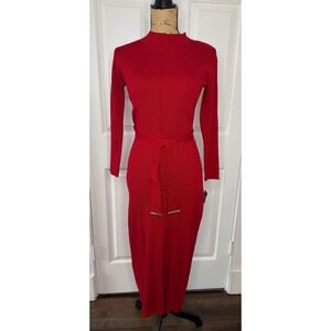 Privilege Red Ribbed Mock Neck Long Sleeve Belted Maxi Dress Womens Medium NWT